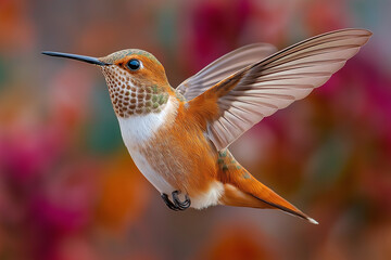 Fototapeta premium Hummingbird Frozen Mid-Flight in Glowing Pastel Light with Radiant Wings and Sharp Detail