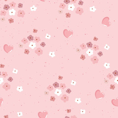 Cute flowers different sizes in pink and white colors, hearts, dots on pink background. Vector illustration for wraping paper, Valentine's Day, card, fabric.