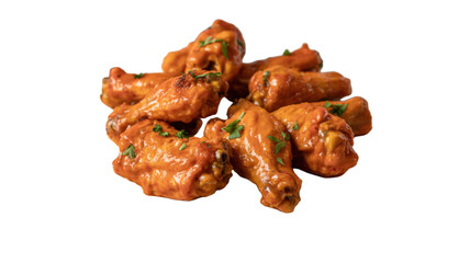 Pile of spicy buffalo chicken wings garnished with herbs on Transparent Background