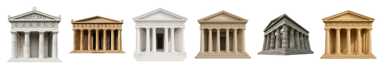 Obraz premium Classical temple facades set including different architectural styles, colors, and perspectives isolated. Ancient history and design elements.