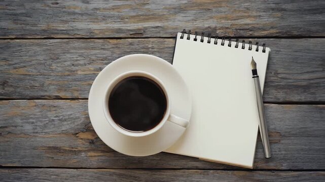 Tasse Kaffee mit Schreibblock und Stift &ndash; Schreibtisch-Szene in Draufsicht f&uuml;r B&uuml;ro- und Kreativinhalte