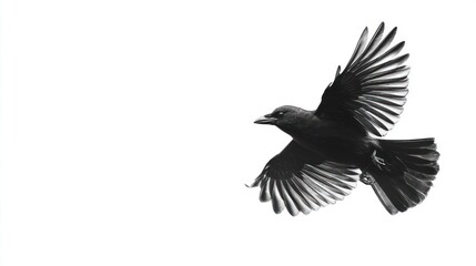 Fototapeta premium A black crow soars with wings spread wide, isolated against a white background