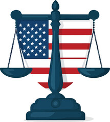 Concept of American law and order symbolized by the scales of justice with the United States flag
