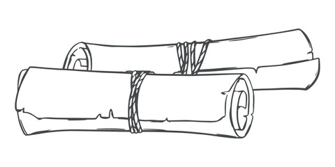 Two scrolls of old paper on the table. Ancient manuscript, rolled up. Vector linear sketch, imitation of engraving technique.