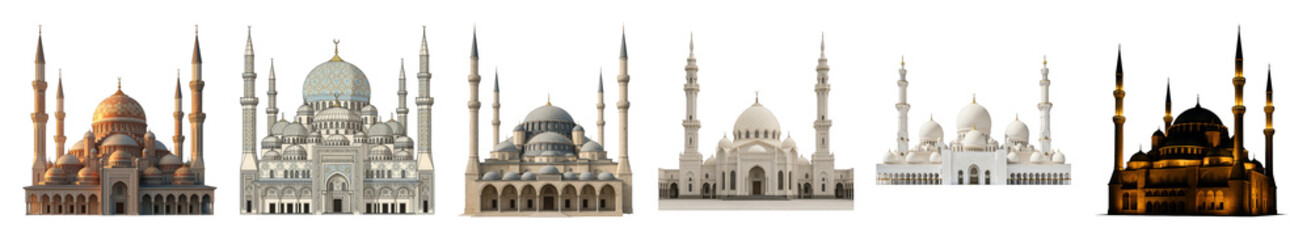 Fototapeta premium Mosque architecture set including diverse Islamic designs, minarets, and domes isolated. Cultural and religious building collection.