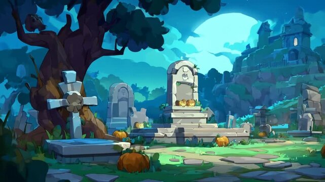 Cartoon graveyard scene with tombstones pumpkins and dark tree