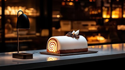 Exquisitely decorated log cake on a marble counter.