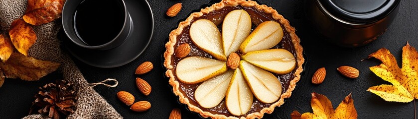 Autumnal pear tart with coffee and almonds.