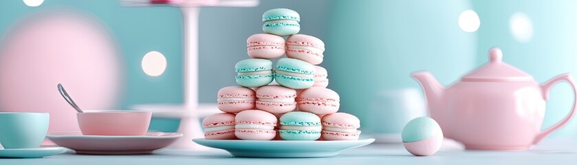 Obraz premium Pastel-colored macarons arranged in a pyramid display.