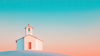 Simple white church on a hilltop at dawn.