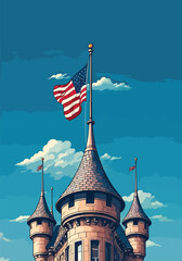 A patriotic American flag proudly unfurls from the pinnacle of a magnificent castle-inspired building, set against a serene blue sky