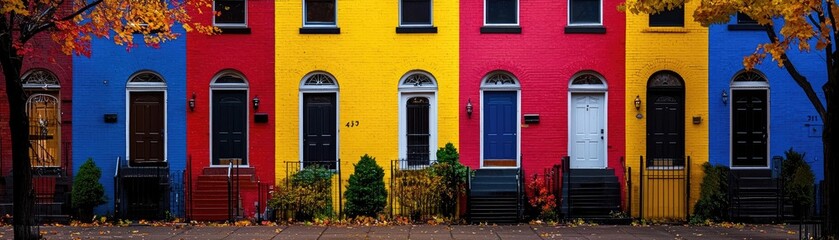 Vibrant row of colorful houses with detailed doors.