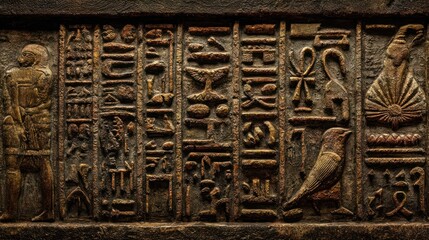Ancient hieroglyphic carvings on a weathered stone surface, creating a textured tableau