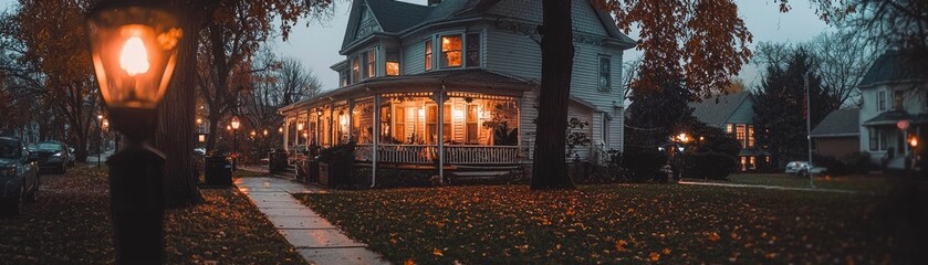 Autumnal neighborhood home lit by porch lights.
