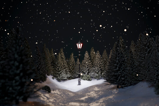 Snowy winter forest at night with lamp post and falling snow in 3D