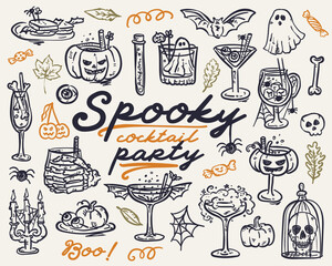 Obraz na płótnie Canvas Spooky Halloween Cocktail Party Set - vector whimsical hand-drawn illustrations