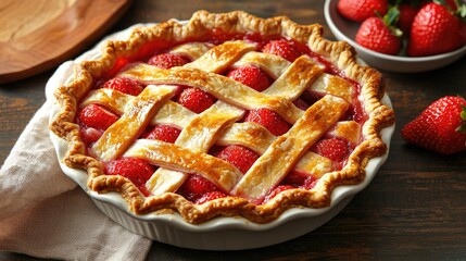Freshly baked strawberry pie with a lattice crust.