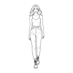 Fashion illustration of a beautiful woman walking. Hand-drawn black and white line art sketch of a stylish model in a casual outfit.
