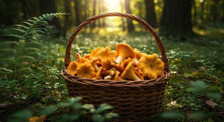 A basket full of chanterelle mushrooms on a forest glade.