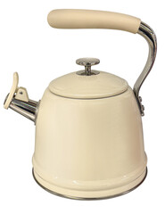 Beige metal kettle with chrome details on transparent background