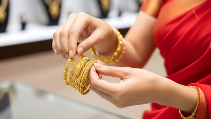 Woman Selecting Gold Bangles in Jewellery Shop During Dhanteras Shopping