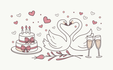 A whimsical romantic doodle composition featuring swans, a heart-decorated cake, champagne glasses, and ribbon-wrapped candles arranged in a festive hand-drawn style