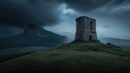 A weathered stone tower on a grassy hilltop under a stormy sky.