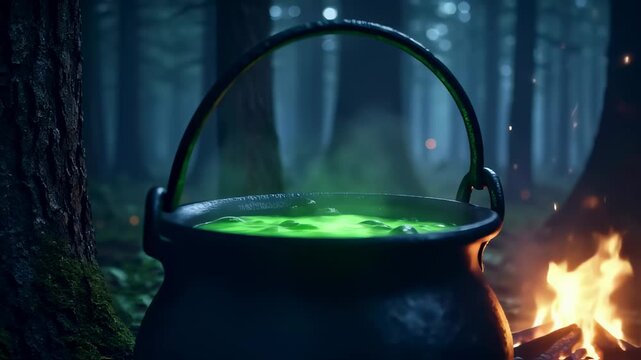 Mysterious Cauldron Boiling Green Potion Over Campfire in Enchanted Forest at Night. Seamless looping 4k video background