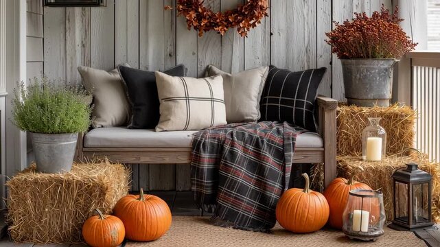 Cozy autumn concept ,Cozy fall autumn porch decor pumpkin hay bale bench pillow plaid blanket lantern candle warmth and rustic
