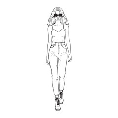 Fashion illustration of a beautiful woman walking. Hand-drawn black and white line art sketch of a stylish model in a casual outfit.
