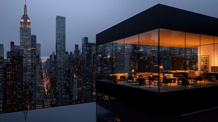 Modern glass penthouse overlooking a city skyline at twilight.