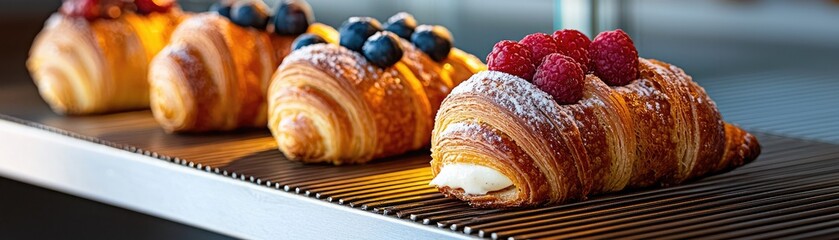Freshly baked croissants topped with berries and cream.