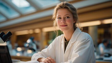 a research lab with microscopes and computers cluttered bench with notes soft natural light from skylights a young scientist in a lab coat testing a sensor natural poses as she