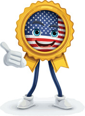 Happy cartoon USA award ribbon character giving a thumbs up gesture, ideal for patriotic or achievement-themed designs