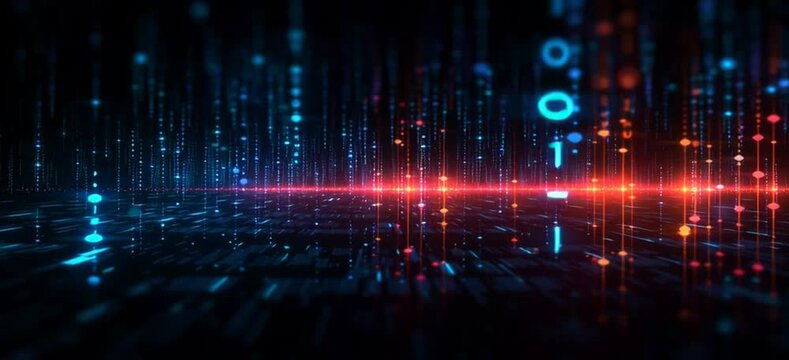 Digital background perfect for tech processes, neural networks, artificial intelligence, data transfer and encryption, digital archives, sound and graphic presentations, science, education, etc.