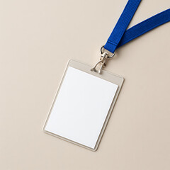 A blank white identification card in a clear plastic holder with a blue lanyard, viewed from above on a neutral beige background.