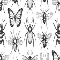 A seamless vector collection of various insects, including a bee, spider, and butterfly, in black silhouette white background.





