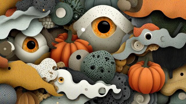 Cozy halloween concept ,Surreal eye pumpkin gourd abstract pattern texture, organic shapes, textured layers, orange gray white