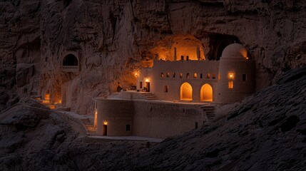 Illuminated structure nestled within a rocky mountainside at night.