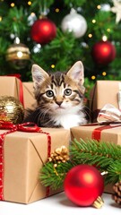 Cute kitten nestled amongst Christmas gifts