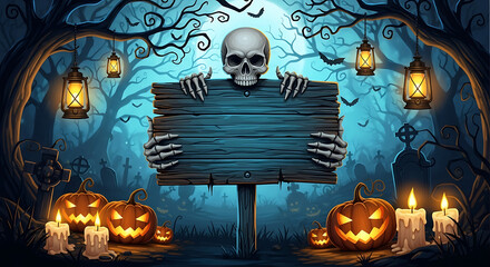 Spooky halloween night scene with skull holding a wooden sign in a graveyard with pumpkins and candles under a full moon backdrop