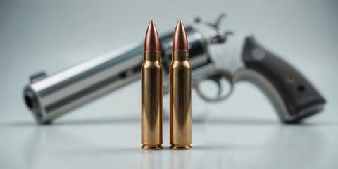 Close-up of two bullets with a blurred revolver in the background highlighting the concept of gun control and firearm regulation.