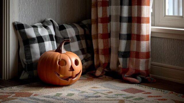 Cozy halloween concept ,Cozy pumpkin lantern autumn decor plaid curtain checked pillow warm light rustic home Halloween mood