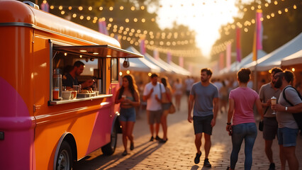 Vibrant street food festival at sunset with people browsing stalls and enjoying the warm golden light illuminating the bustling atmosphere and colorful tents