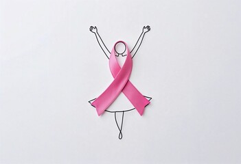 Illustration of a woman with a pink ribbon symbolizing breast cancer awareness, celebrating hope and strength on a white background.