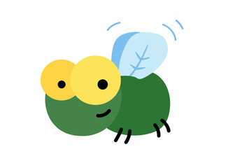 Cute green fly with big yellow eyes and blue wings, cartoon insect character illustration perfect for kids books, games, apps, education, branding, and creative projects.
