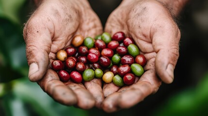 Farmer's hands holding colorful coffee cherries outdoors. Fair Trade Month