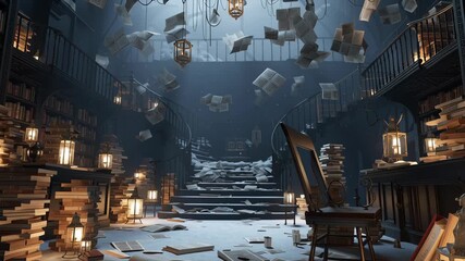 Cozy halloween concept ,Mystic library with antique book and flying paper grand staircase vintage lamp, dusty shelf