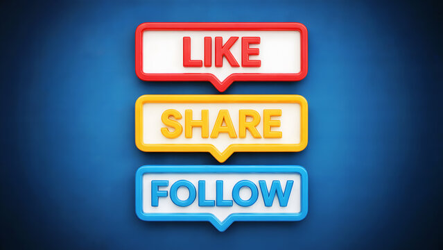 Like share and follow buttons stacked on top of each other on a blue gradient background 