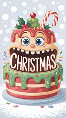 A vibrant, cartoon Christmas cake with a monster-like face, open mouth revealing the word "Christmas," topped with candy and festive holly against a snowy background